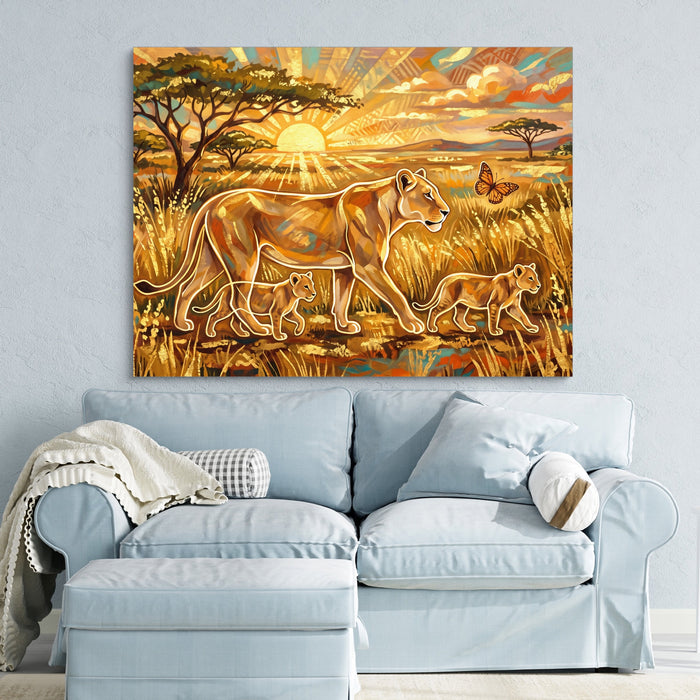Lions Golden Sunrise — lions golden sunrise sq blue pastel couch 1land flush print