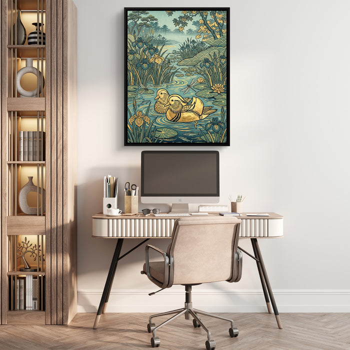 Mandarin Ducks Golden Pond — mandarin ducks golden pond sq beige office 1port framed black