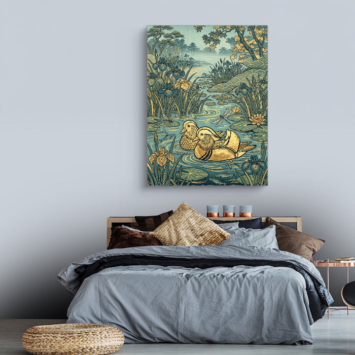 Mandarin Ducks Golden Pond — mandarin ducks golden pond sq land comfortable bedroom 1port flush print