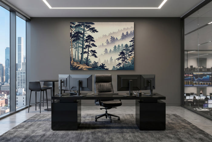 Misty Forest Indigo — misty forest indigo office desk with monitors 1land flush print