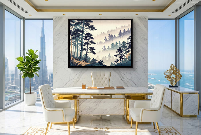 Misty Forest Indigo — misty forest indigo office with city view 2 1land framed black