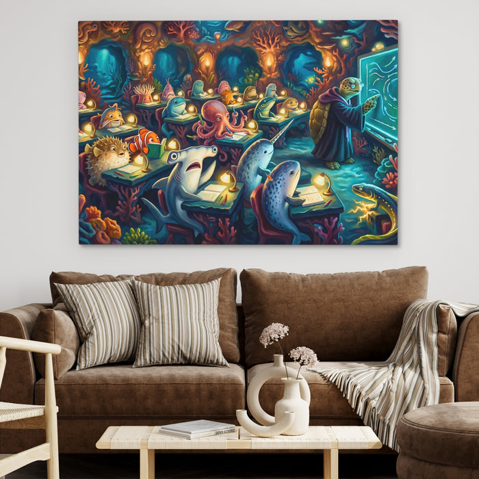 Narwhals Bioluminescent School canvas wall art, room view