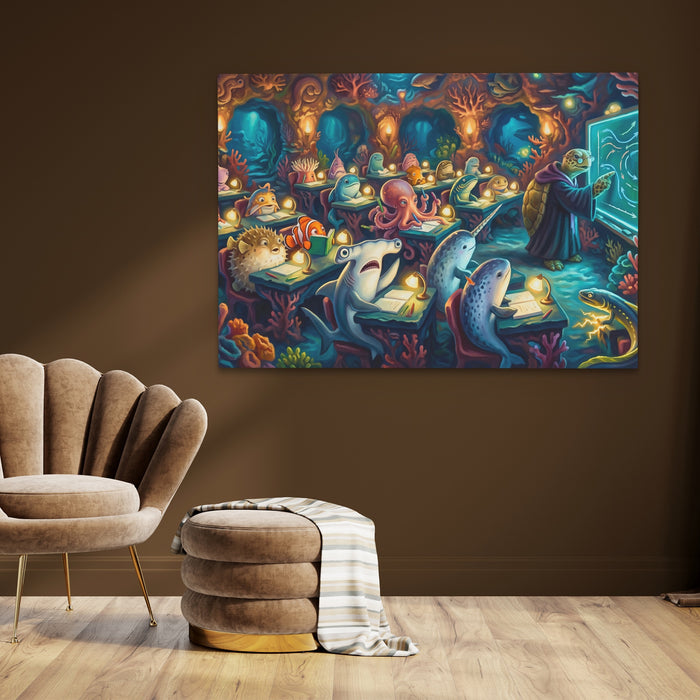 Narwhals Bioluminescent School canvas wall art, room view