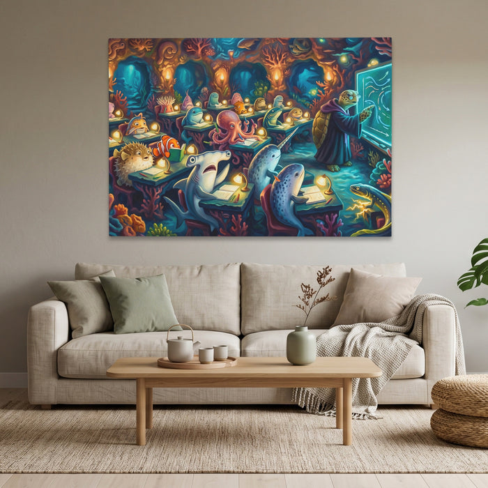 Narwhals Bioluminescent School canvas wall art, room view