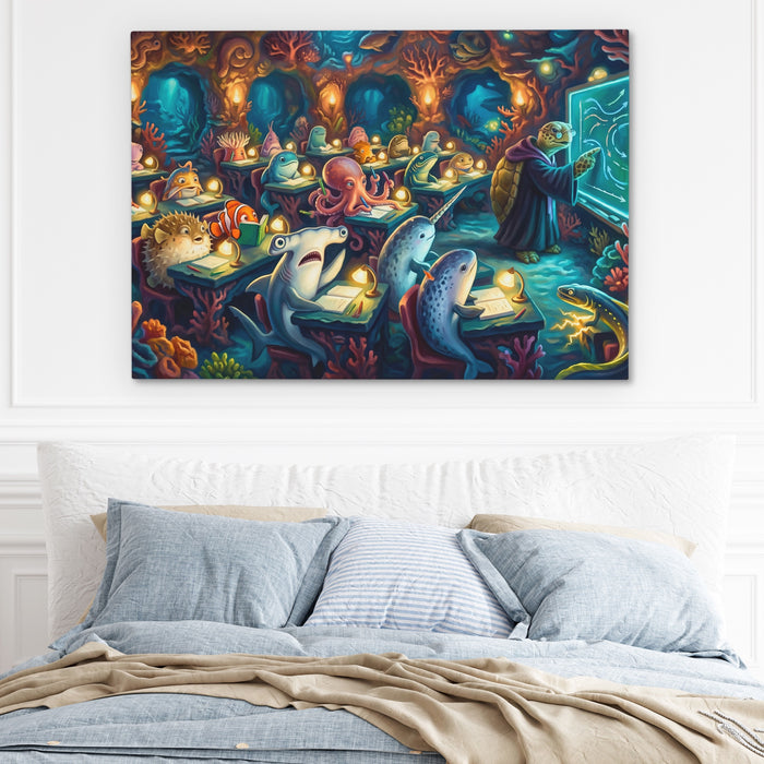 Narwhals Bioluminescent School canvas wall art, room view