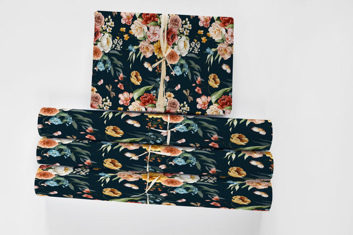 Navy Floral Boho Garden Wrapping Paper