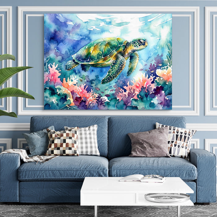 Ocean Turtle Swim — ocean turtle swim sq blue room and walls 1land flush print
