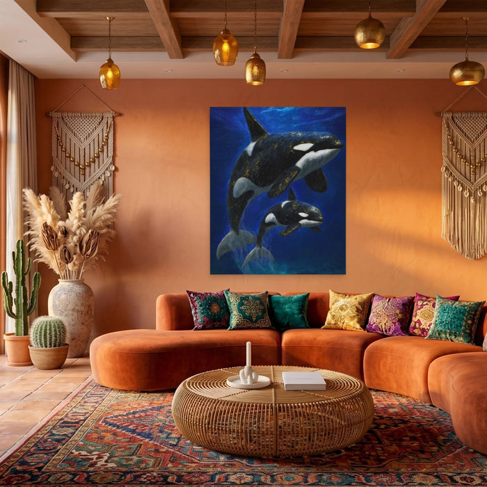 Orca Mother Calf canvas wall art, room view