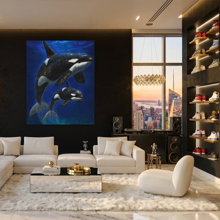 Orca Mother Calf canvas wall art, room view