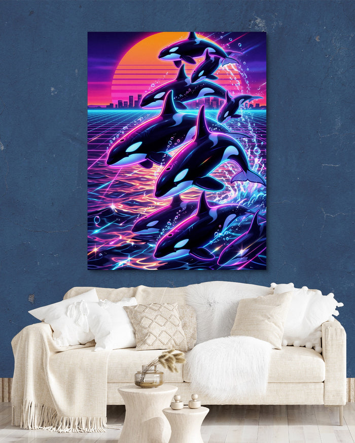 Orca Neon Breaching — orca neon breaching psd navy wall white lux couch 1port flush print
