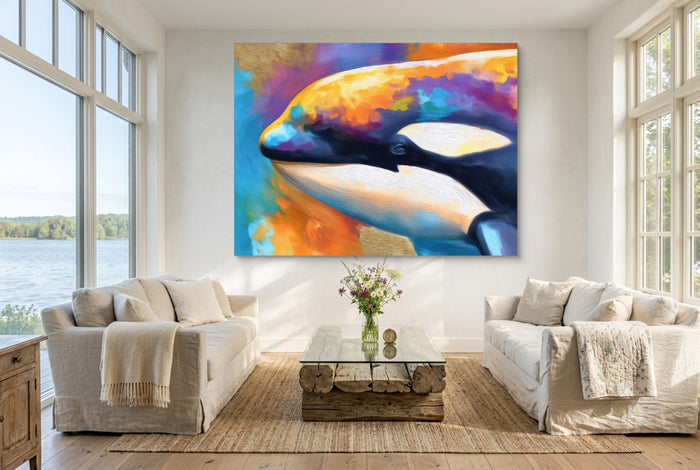 Orca Prismatic Portrait — orca prismatic portrait living room with couches 1land flush print