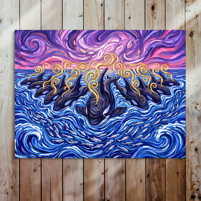 Orcas Sunset Hunt — orcas sunset hunt sq bed 2 wood panel 1land flush print