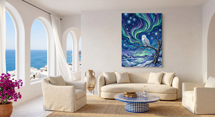 Owl Beneath Auroras — owl beneath auroras beachside couch livingroom 1port flush print