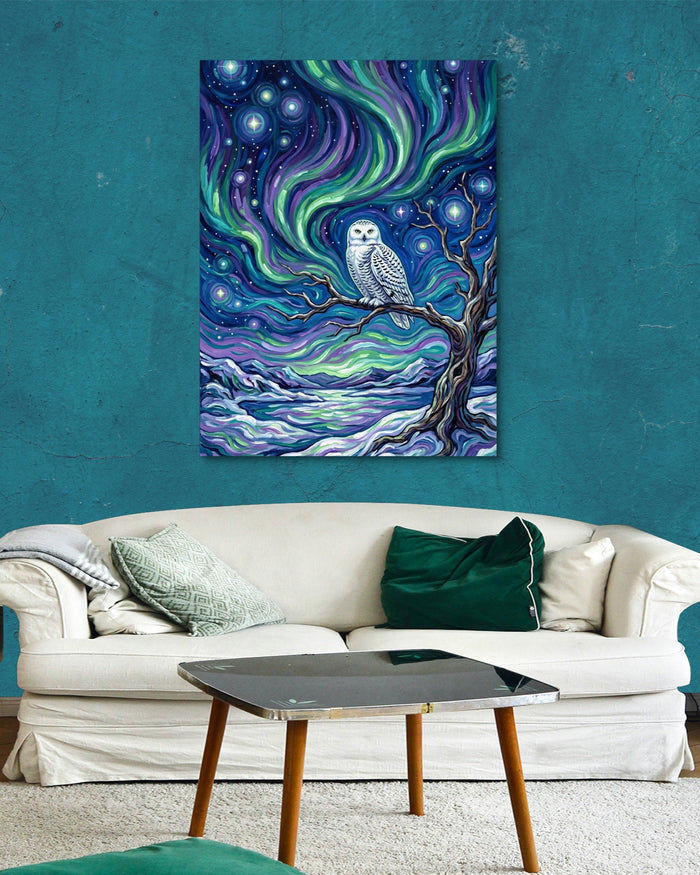 Owl Beneath Auroras — owl beneath auroras psd aqua wall white couch 1port flush print