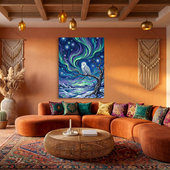 Owl Beneath Auroras — owl beneath auroras sq boho living 1port flush print