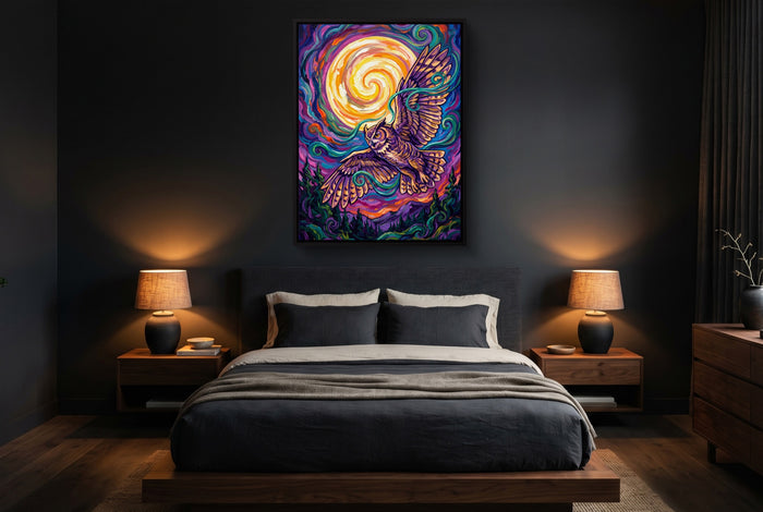 Owl Vibrant Moon — owl vibrant moon bedroom with dark walls 1port framed black