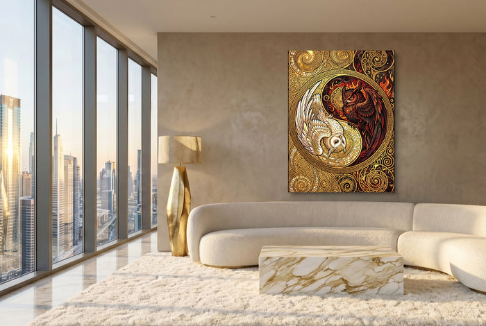 Owls Entwined Mosaic — owls entwined mosaic modern living room interior 3 1port flush print