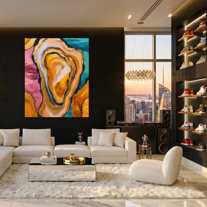 Oyster Dreamscape Gold canvas wall art, room view