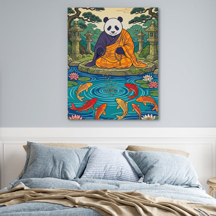 Panda Feeding Koi canvas wall art, room view