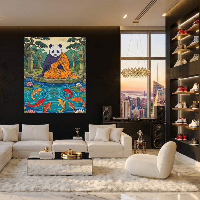 Panda Feeding Koi canvas wall art, room view