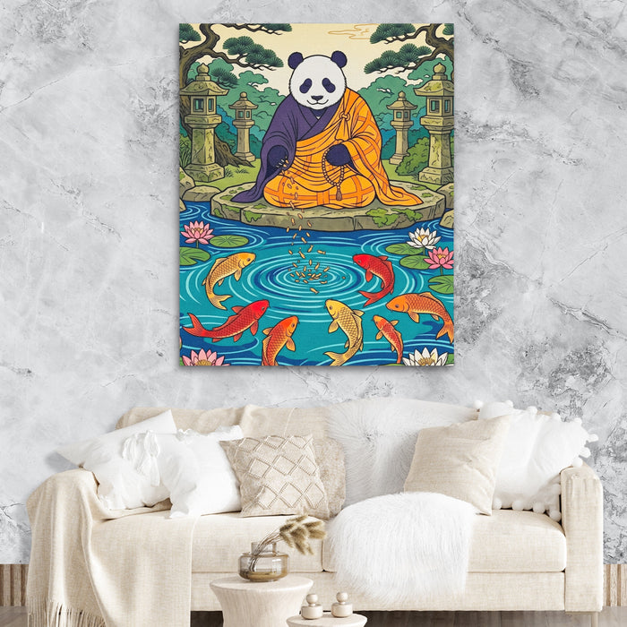 Panda Feeding Koi canvas wall art, room view