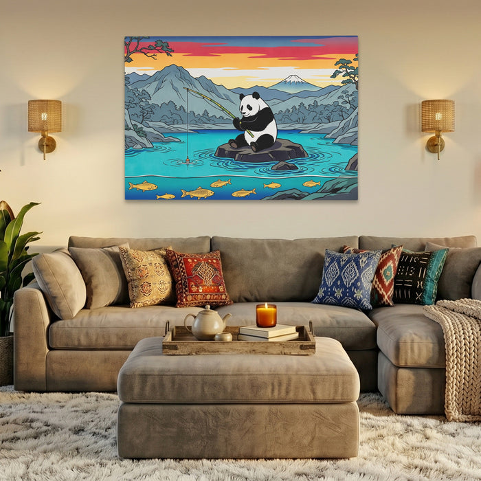 Panda Fishing Sunset canvas wall art, room view