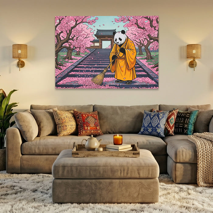 Panda Monk Sweeping canvas wall art, room view
