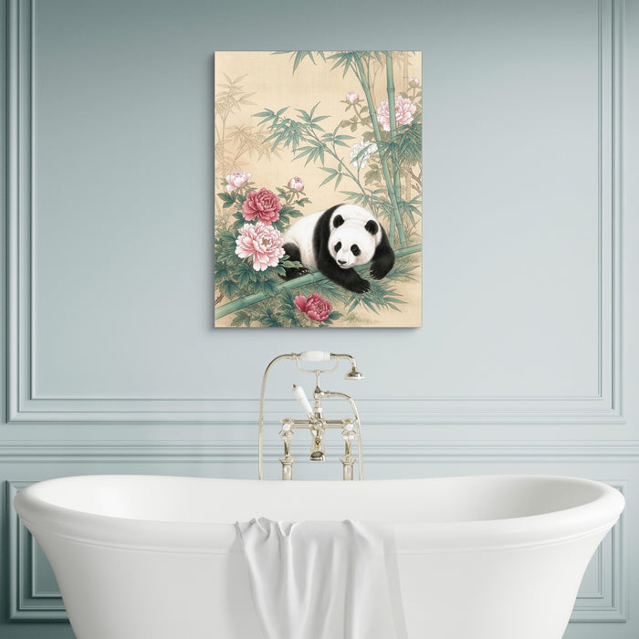 Panda Rests Amidst Peonies — panda rests amidst peonies sq luxury bathroom wall 1port flush print