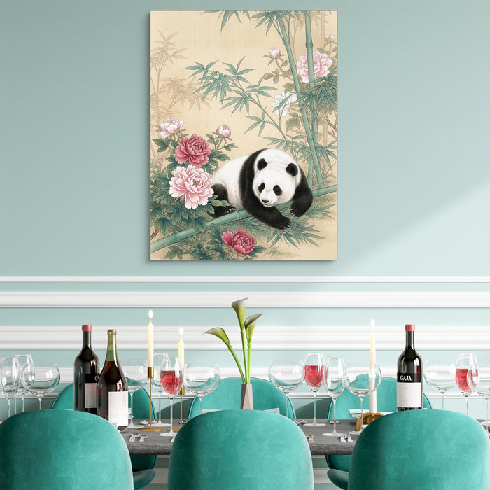 Panda Rests Amidst Peonies — panda rests amidst peonies sq teal dining room 1port flush print
