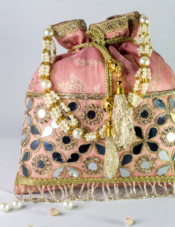 Peach Banarasi Hand Embellished Potli