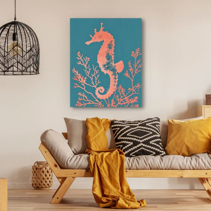 Peach Seahorse - Modern Wall Art in Black Frame