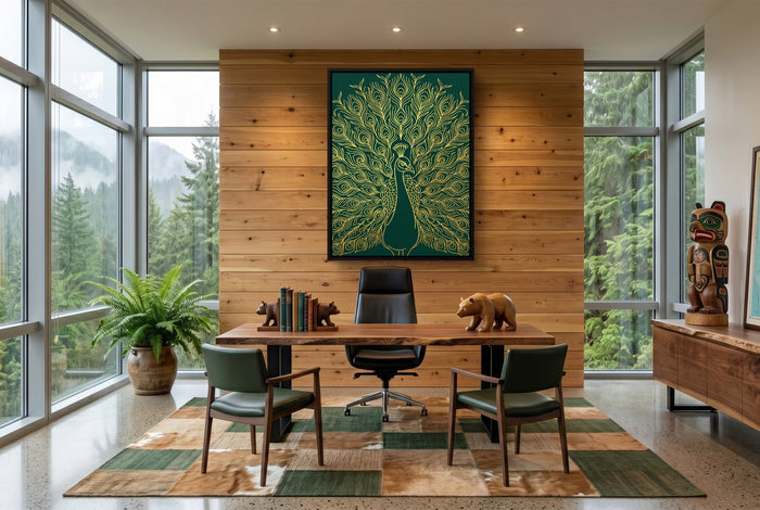 Peacock Golden Emerald — peacock golden emerald office with wooden desk 1port framed black