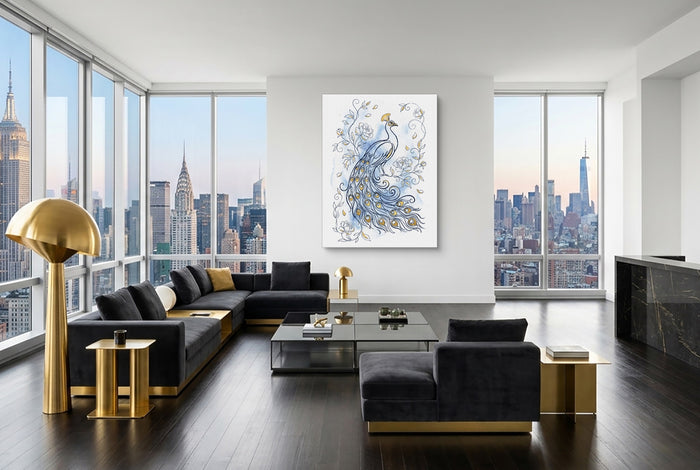 Peacock Golden Feathers — peacock golden feathers modern living room interior 4 1port flush print