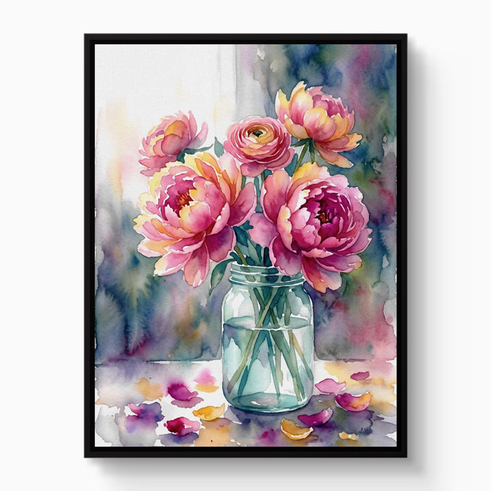 Peonies Watercolor Still — peonies watercolor still white studio framed black