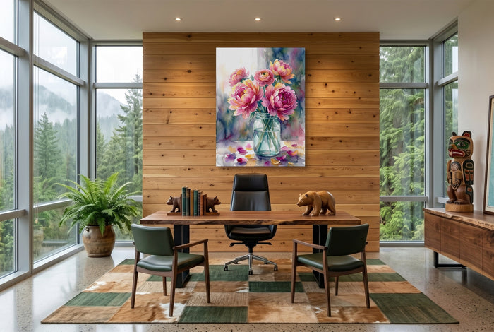 Peonies Watercolor Still — peonies watercolor still office with wooden desk 1port flush print