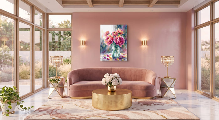 Peonies Watercolor Still — peonies watercolor still pink living room 1port flush print