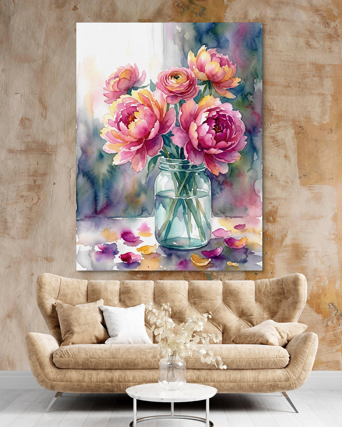 Peonies Watercolor Still — peonies watercolor still psd clay beige nice couch 1port flush print