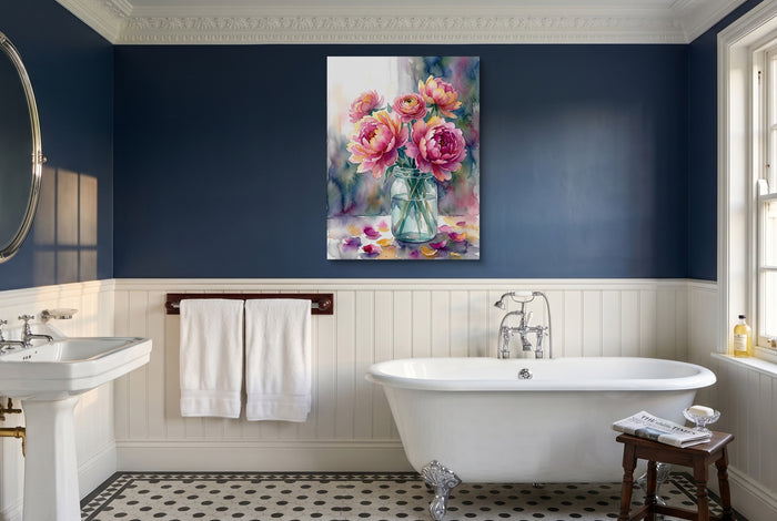 Peonies Watercolor Still — peonies watercolor still small bathroom interior 2 1port flush print