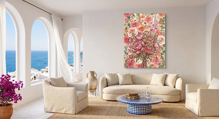 Peony Ranunculus Bouquet — peony ranunculus bouquet beachside couch livingroom 1port flush print