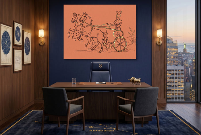 Pharaoh Chariot Gallop — pharaoh chariot gallop office with city view 1land flush print