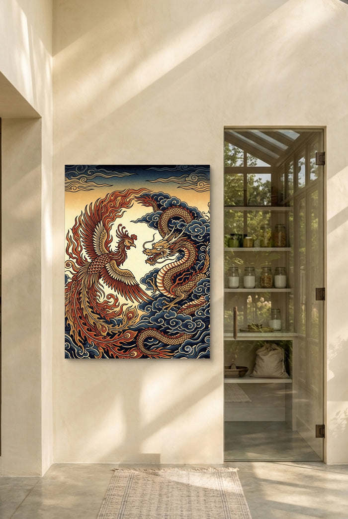 Phoenix Dragon Confront — phoenix dragon confront p interior room with doorway 1port flush print