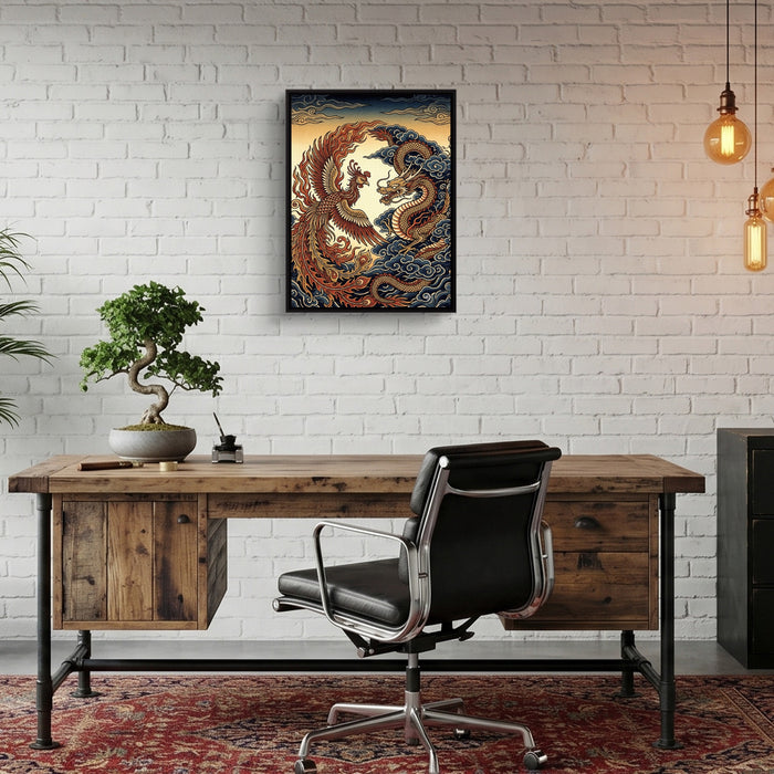 Phoenix Dragon Confront — phoenix dragon confront sq bonsai office 1port framed black
