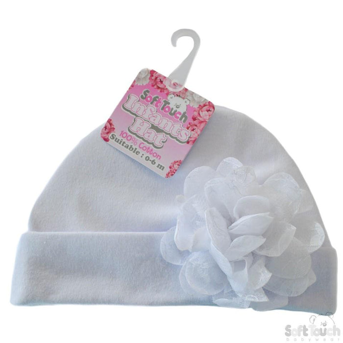Plain White Hat W/Large Flower (0-18 Months) H11-W - Kidswholesale.co.uk