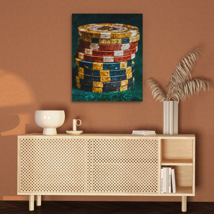 Poker Chips Stacked canvas wall art, room view