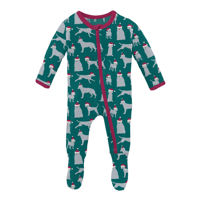 Print 2 Way Zip Footie - Cedar Santa Dogs