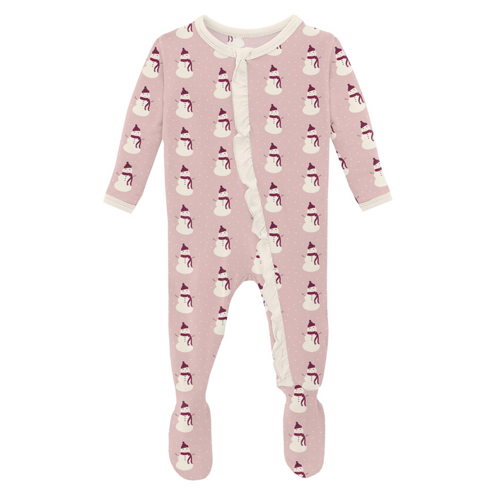 Print Classic Ruffle 2 Way Zip Footie - Baby Rose Tiny Snowman