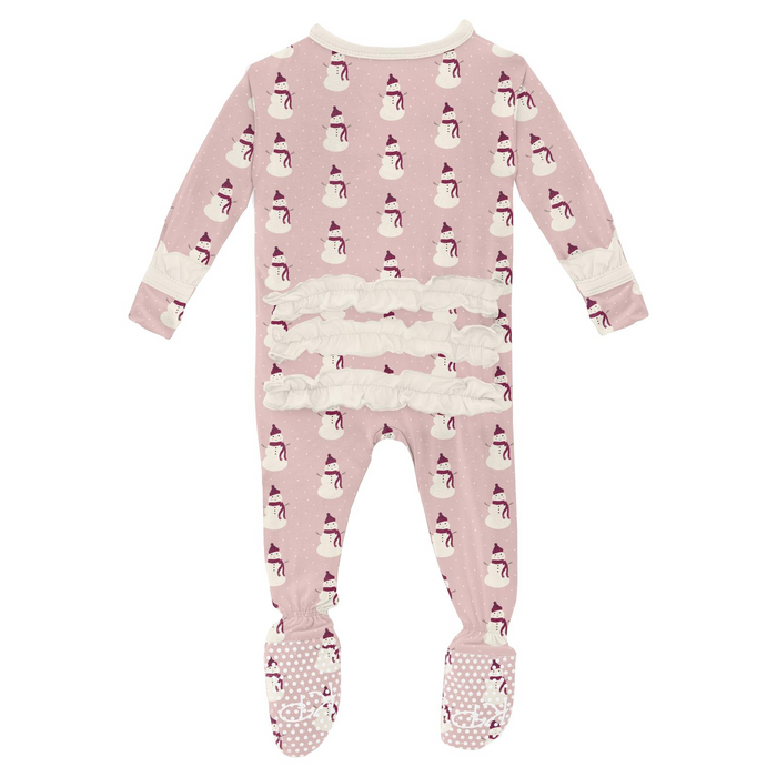 Print Classic Ruffle 2 Way Zip Footie - Baby Rose Tiny Snowman