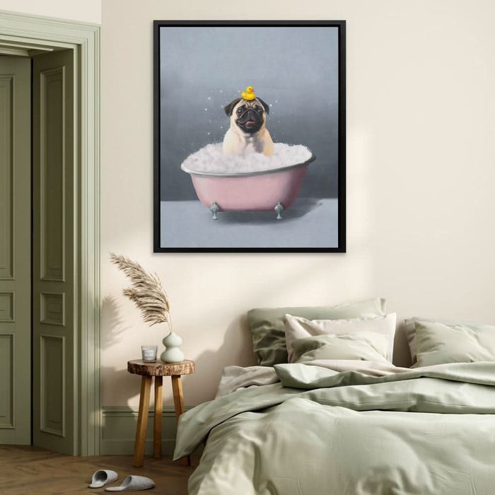 Pug In The Bath - Modern Wall Art in Black Frame