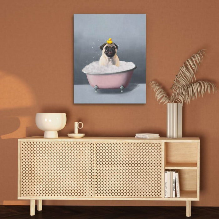 Pug In The Bath - Pink Bath Canvas Print