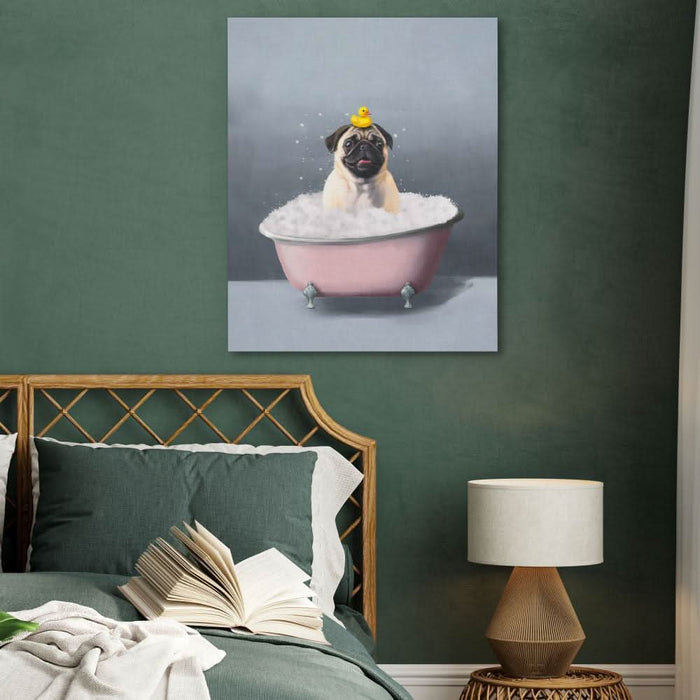 Pug In The Bath - Modern Pink Canvas Wall Art